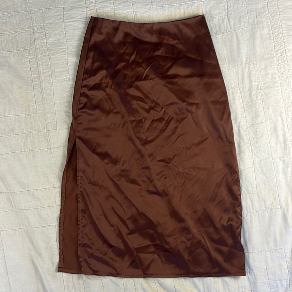 Brown satin midi skirt
